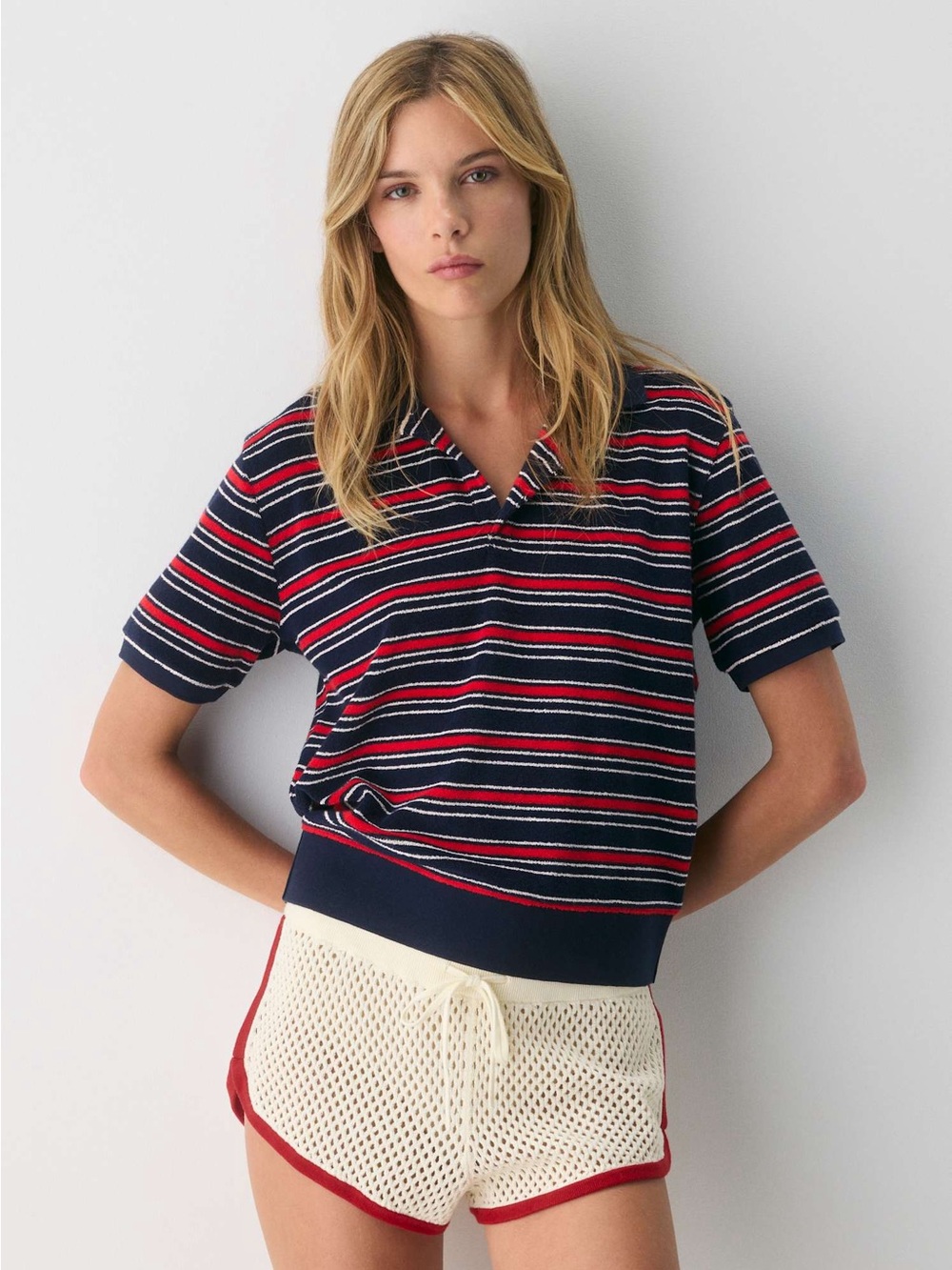 Aritzia Tna Huntington Polo Admiral Flashing Rd Red Blue Stripes Size Small